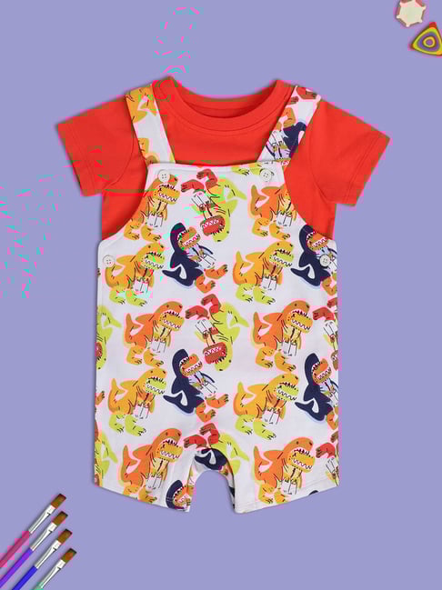MINIKLUB Kids Red & White Printed Dungaree with T-Shirt