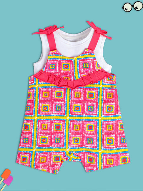 MINIKLUB Kids Pink & White Printed Top with Dungaree