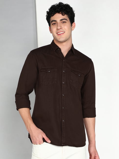 Kuons Avenue Coffee Brown Slim Fit Denim Shirt