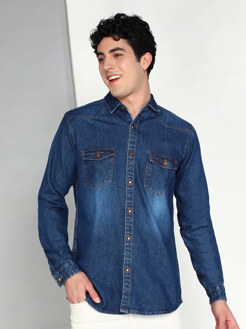 Kuons Avenue Blue Slim Fit Denim Shirt