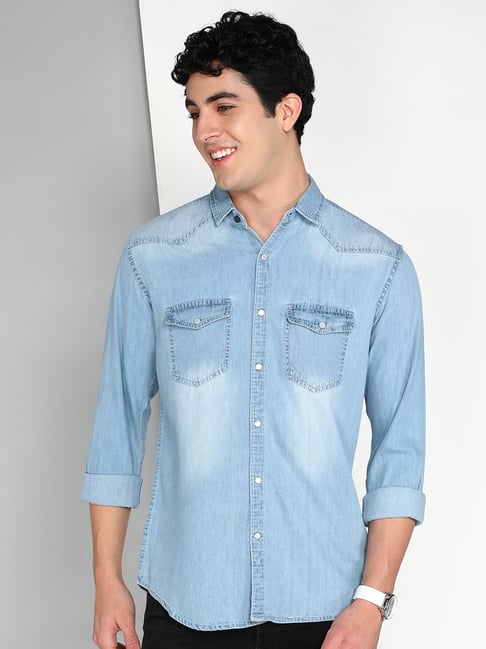 Buy Kuons Avenue Ice Blue Slim Fit Denim Shirt for Men's Online
