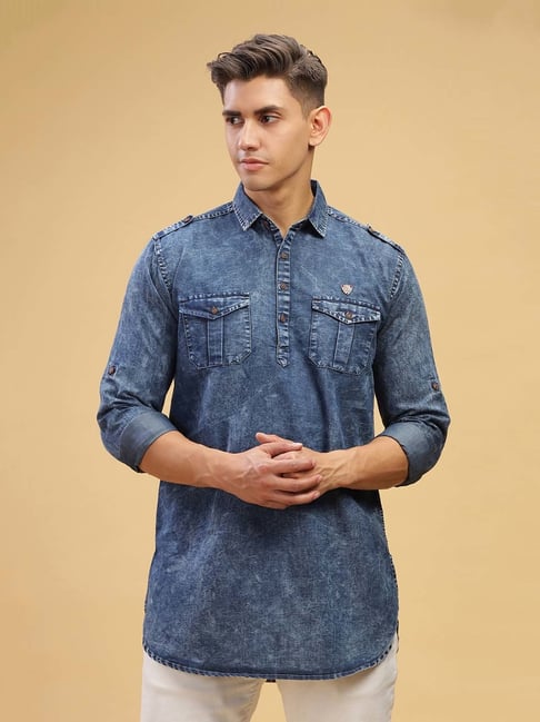 Kuons Avenue Cloud Blue Regular Fit Denim Short Kurta
