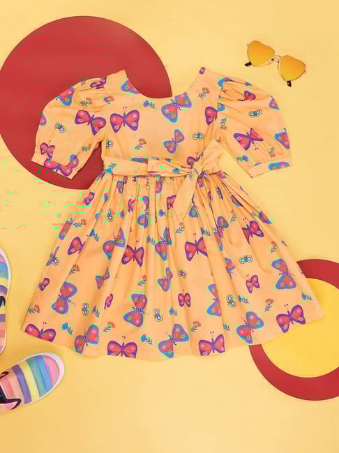 Pantaloons Junior Kids Orange & Pink Cotton Printed Dress-picture-29