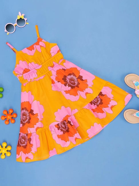 Pantaloons Junior Kids Yellow & Pink Cotton Floral Print Dress-picture-30