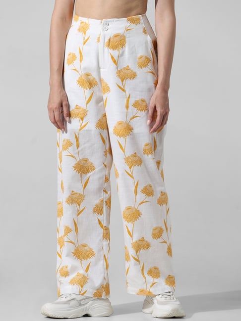 Only White & Yellow Cotton Printed Regular Fit High Rise Pants-picture-22