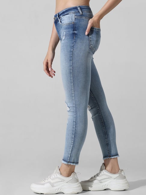 Buy Only Light Blue Cotton Distressed Skinny Fit High Rise Jeans