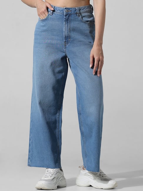 Only Dark Blue Cotton Relaxed Fit High Rise Jeans-picture-19