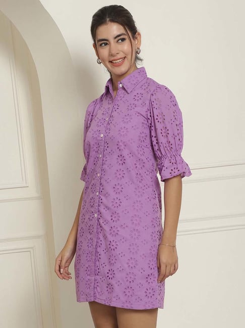 Indian Needle Purple Cotton Embroidered Shirt Dress