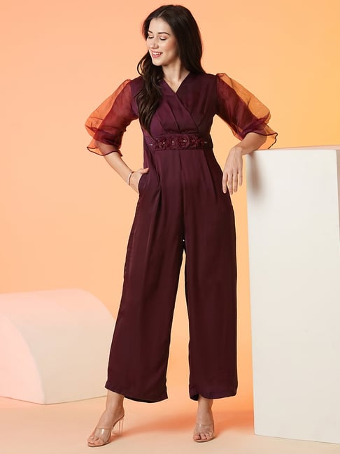 Buy Globus Dark Purple Embellished Jumpsuit for Women Online