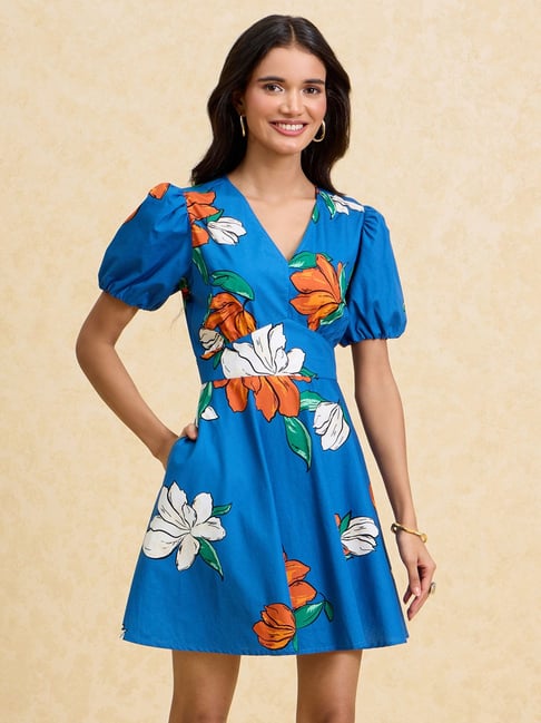 Buy Blue Cotton Printed Floral V Neck Dress For Women by Missprint Online  at Aza Fashions.