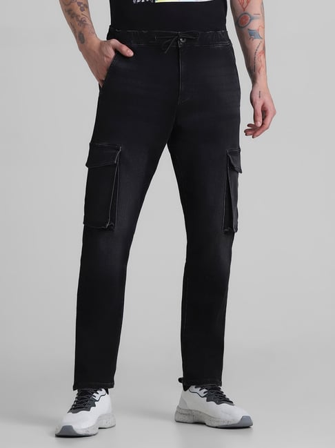 Jack Jones Black Denim Cotton Anti Fit Cargo Jeans