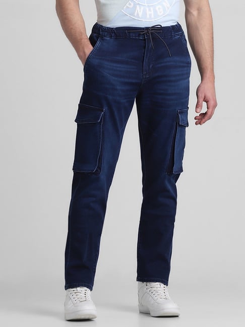 Jack Jones Dark Blue Denim Cotton Anti Fit Cargo Jeans