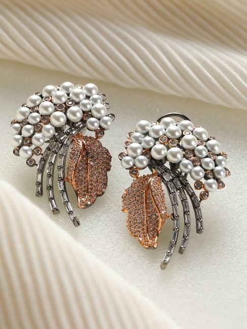 Priyaasi Leaf Pearl AD Rose Gold Gunmetal-Plated Stud Earrings-picture-42