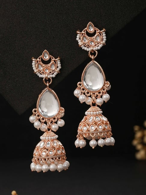 Priyaasi Kundan Leaf Pearl Rose Gold-Plated Jhumki Earrings-picture-23