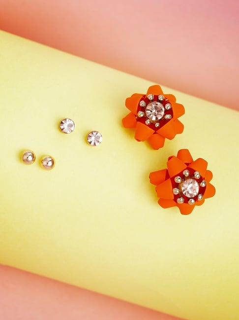 Priyaasi Orange Floral Pearl and Stone Stud Earrings - Set of 3-picture-17