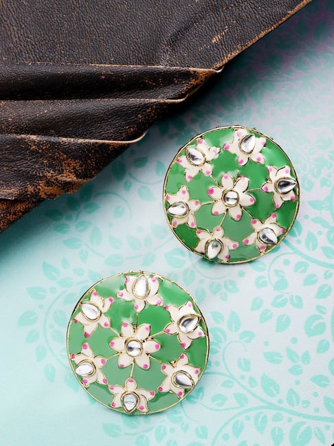 Priyaasi Gold-Plated Kundan Studded Floral Patterned Large Green Color Stud Earrings-picture-37
