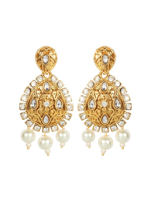 Priyaasi Gold-Plated AD & Kundan Studded Floral Pattern Tear Shaped Dangler Earrings-picture-24