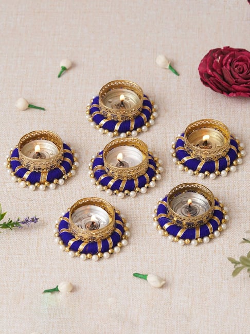 eCraftIndia Blue Aluminium Tea Light Holders - Set of 6-picture-22