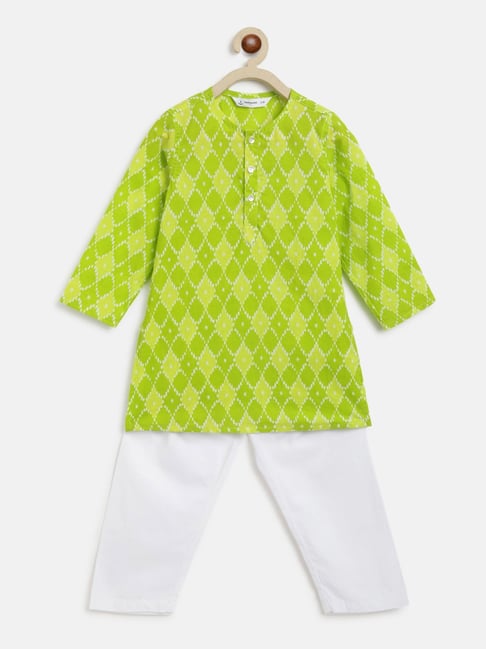 Campana Kids Green & White Printed Full Sleeves Kurta with Pyjamas
