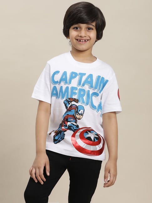 Kidsville Captain America Printed Regular Fit Off White T Shirt For Boys