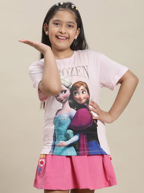 Kidsville Frozen Printed Regular Fit Pink T-Shirt For Girls-image-3