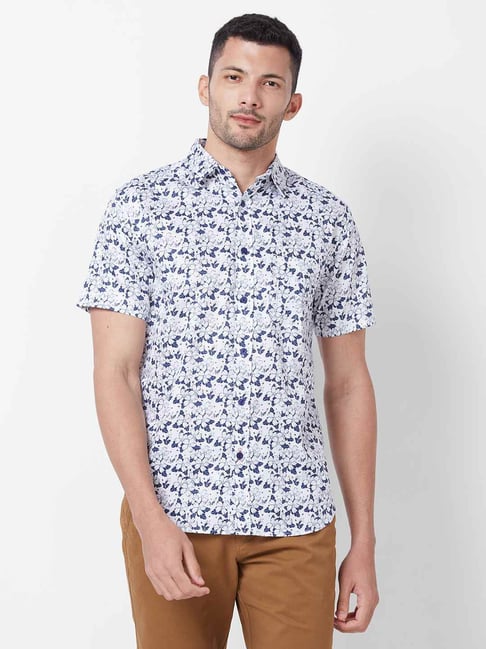 Giordano White Navy Cotton Slim Fit Floral Print Shirt
