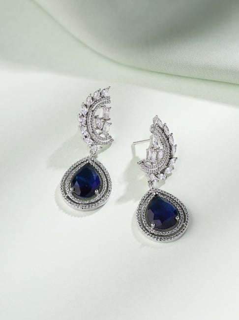 Priyaasi Silver-Plated American Diamond and Stunning Blue Diamond Drop Earrings-picture-27