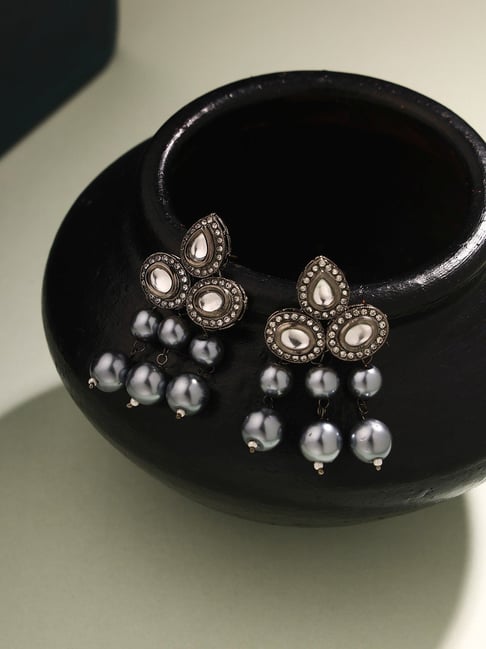 Priyaasi Elegance Ebony Black-Plated Kundan and Pearl Dangler Earrings-picture-24