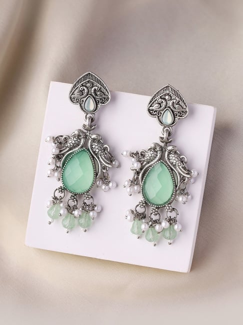 Priyaasi Oxidized Mint Stones Exquisite Peacock Dangler Earrings-picture-13