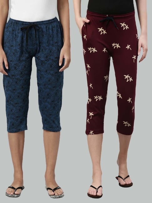 Kryptic Maroon & Blue Cotton Printed Capris-picture-19