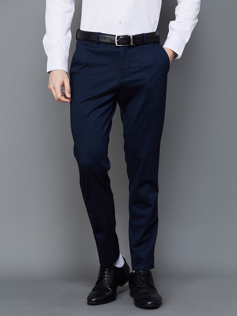 Buy Men Navy Blue Mid Rise Regular Fit Pants Online In India