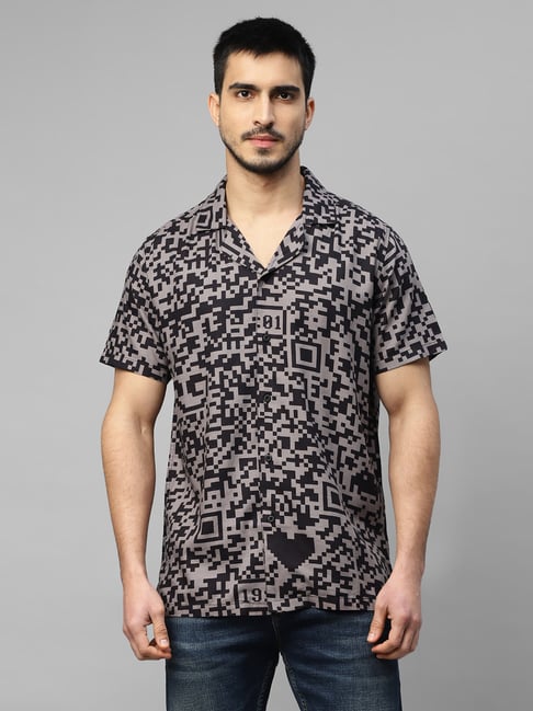 Royal Enfield QR ENGINEERED Grey & Black Regular Fit Printed Shirt