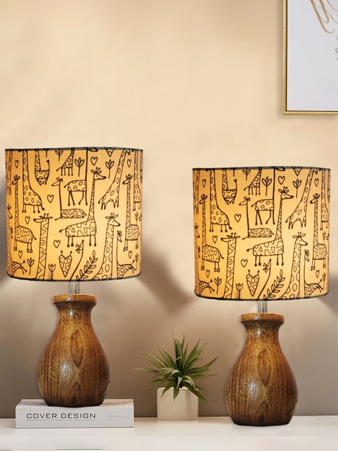 Homesake Brown & Beige Wood Modern Table Lamp with Shade - Set of 2