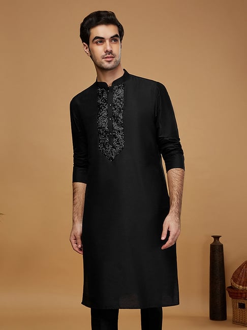 KISAH Black Regular Fit Self Design Kurta
