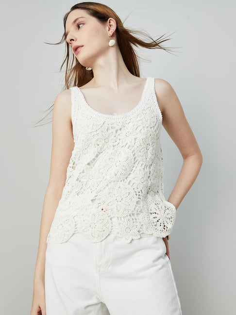 Ginger by Lifestyle Off-White Cotton Self Pattern Top