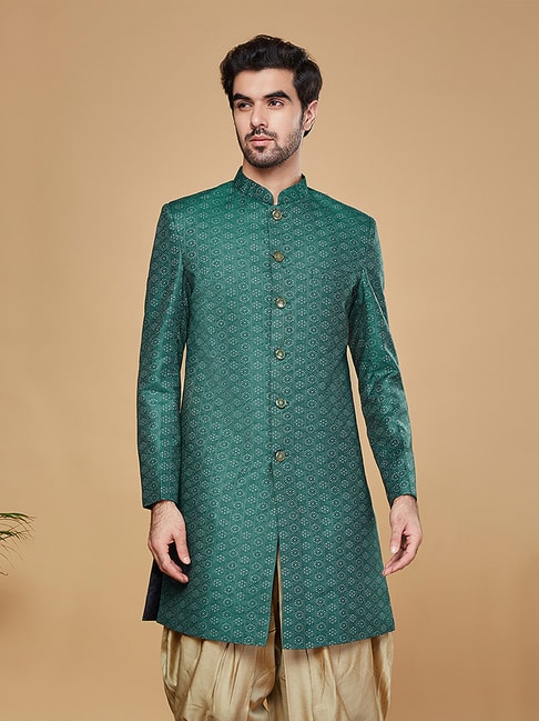 KISAH Green Regular Fit Self Design Sherwani Jacket