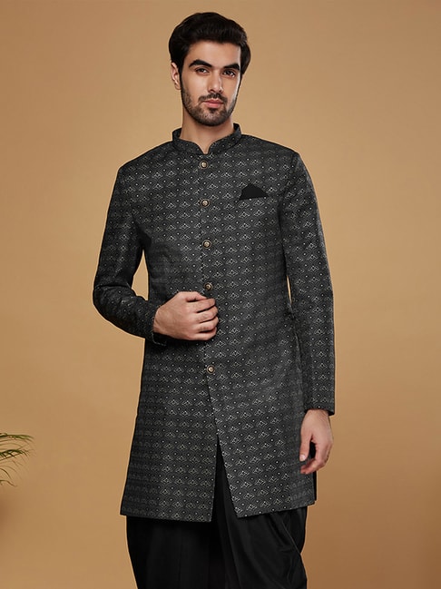 KISAH Black Regular Fit Self Design Sherwani Jacket