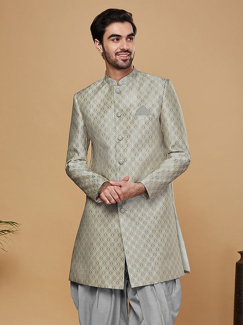 KISAH Grey Regular Fit Self Design Sherwani Jacket