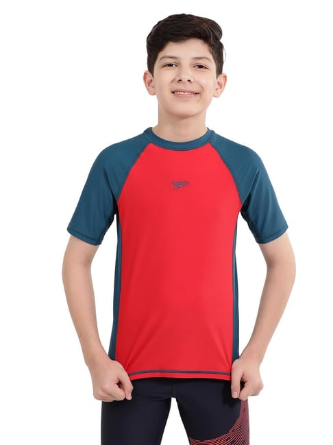 Speedo Kids Red & Dark Teal Solid Swim T-Shirt