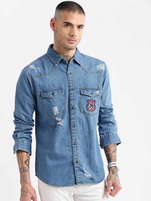 SHOWOFFFF Blue Slim Fit Distressed Denim Shirt