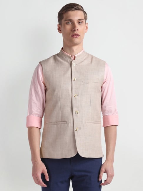 Arrow Beige Regular Fit Texture Nehru Jacket