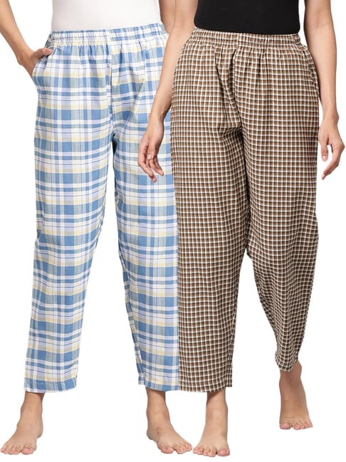 Kryptic Blue & Brown Cotton Checks Lounge Pants (Pack Of 2)-picture-40