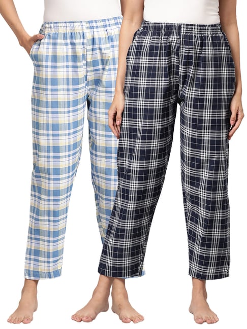 Kryptic Blue & Navy Cotton Checks Lounge Pants (Pack Of 2)-picture-44