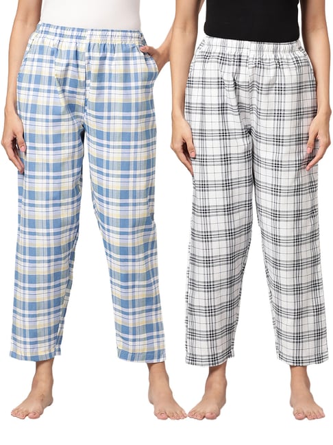 Kryptic Blue & White Cotton Checks Lounge Pants (Pack Of 2)-picture-13