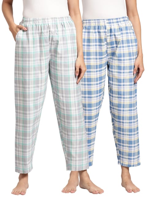 Kryptic Grey & Blue Cotton Checks Lounge Pants (Pack Of 2)-picture-34