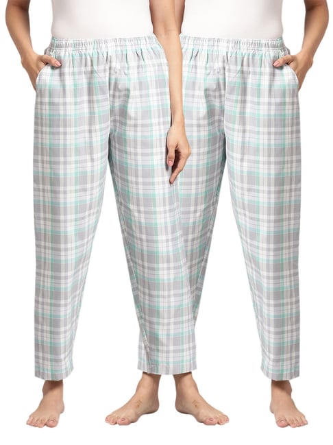 Kryptic Grey Blue Cotton Checks Lounge Pants (Pack Of 2)