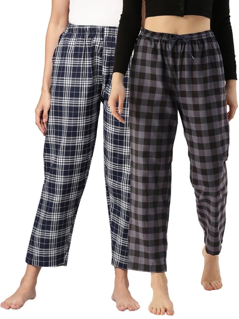 Kryptic Navy Cotton Checks Lounge Pants (Pack Of 2)-picture-24