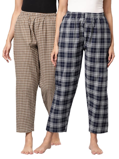 Kryptic Navy & Brown Cotton Checks Lounge Pants (Pack Of 2)-picture-45