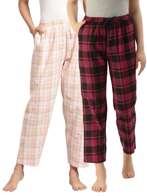 Kryptic Pink & Maroon Cotton Checks Lounge Pants (Pack Of 2)-picture-15