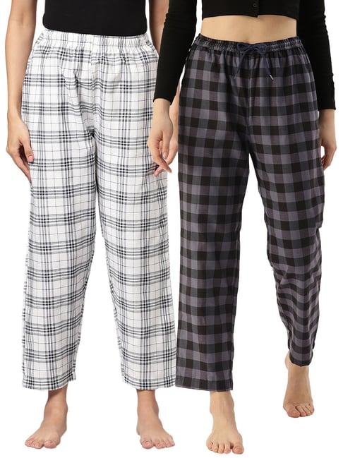 Kryptic White & Navy Cotton Checks Lounge Pants (Pack Of 2)-picture-14